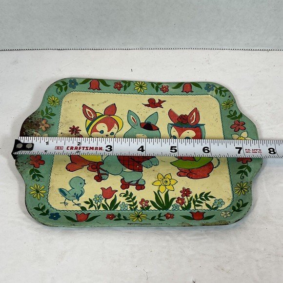 Vintage J. Chein Bunny Rabbit 1 Serving Platter, 8 Plates and 2 Cups Litho Tin - Picture 8 of 9